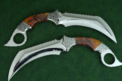 "Titan" karambits, fine handmade custom knives, matched pair, complimentary bronze age style engraving
