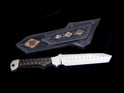 "Trailhead" fine handmade knife, reverse side view. Corn snake panels inlaid in black sheath are striking and accent patterns in knife, embellishment, and sheath
