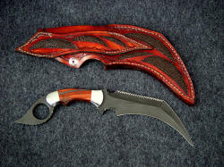 "Triton" double edged kerambit, reverse side view. Note inlays of Cape Buffalo skin on back of sheath and belt loop.