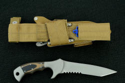 "Uvhash" reverse side view. Sheath and accessories are all coyote brown to match desert tacitical gear, sheath UBLX has built in diamond sharpener pocket