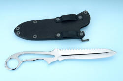 "Xanthid" tactica/workingl dive knife, reverse side view. Hybrid tension cam-lock sheath is shown with traditional high profile belt loops for .250" thick web belt, vertical mounting