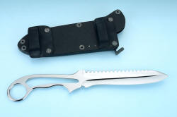 "Xanthid" tactical/working dive knife, reverse side view with sheath shown with horizontal belt loop adapter plates. These plates are welded and anodized for durable security, allow knife to slide along .250" x 1.5" belt 