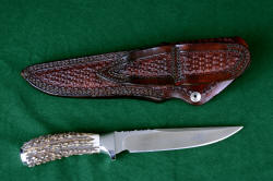 "Yarden" reverse side view. Sheath back has full tooling, note double belt loops and all double row stitching throughout sheath