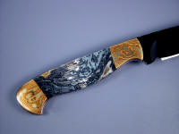 Moss Agate gemstone with Mokume Gane diffusion welded layered bolsters, blued blade