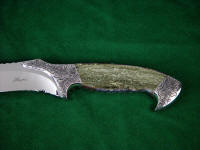 Nephrite Jade with multicolored moss agate gemstone, doublet setting on full tang knife handle