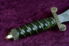 Nephrite jade gemstone in a tough, hand-carved hidden tang dagger handle wrapped with sterling silver