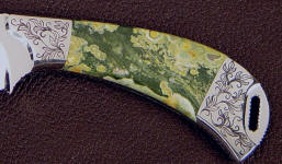 Rain Forest Jasper gemstone custom knife handle with hand-engraved stainless steel