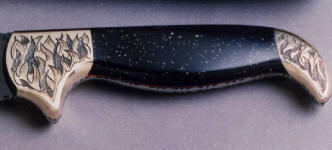 Midnight Stone (hornblende with pyrite) goes well with this engraved brass bolster set