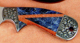 Italian Goldstone, Blue Sodalite mosaic on full tang handmade knife handle