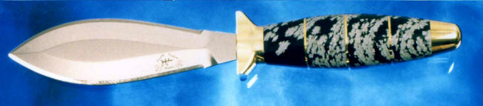 Snowflake Obsidian gemstone on hidden tang dagger handle with brass