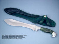 "Ishi" knife obverse side view. Knife is stainless steel and Alaskan Nephrite Jade gemstone