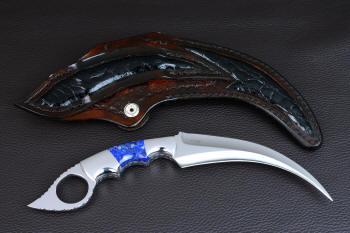 "Raptor"  in CPM154CM powder metal technology high molybdenum stainless steel blade, 304 stainless steel bolsters, Peruvian Lapis Lazuli gemstone handle, hand-carved leather sheath inlaid with Caiman skin