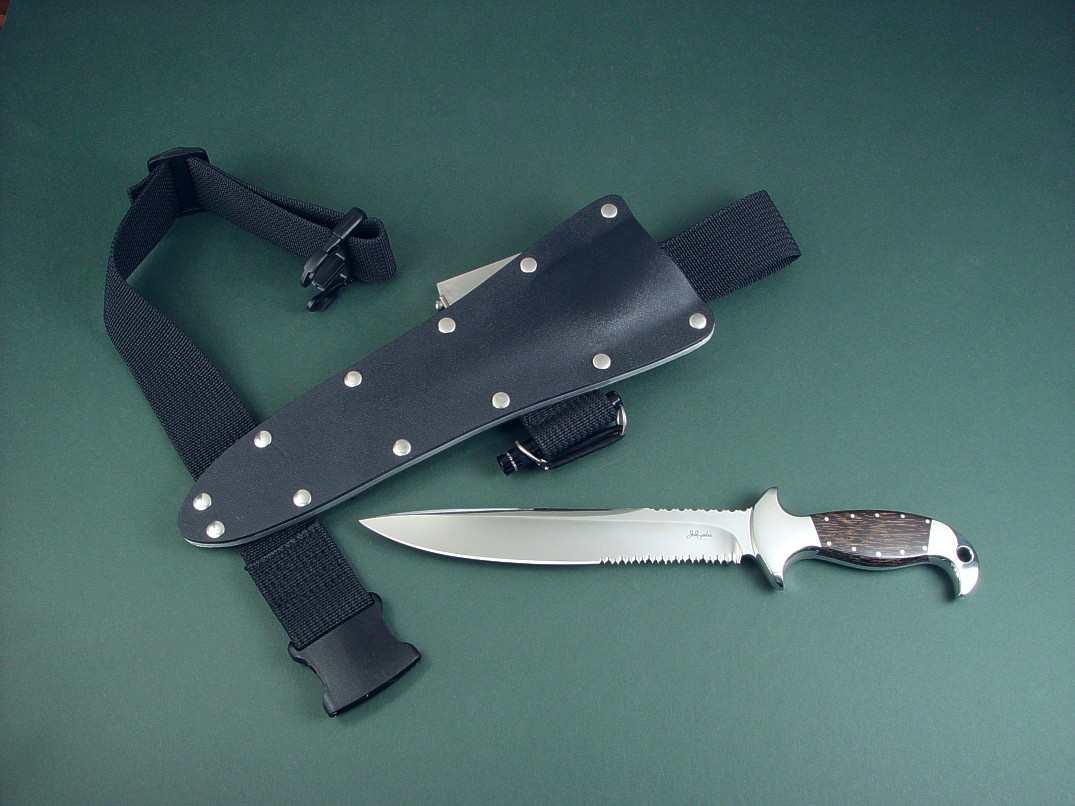 Ultimate belt loop extender on very long knife sheath with thigh belt.