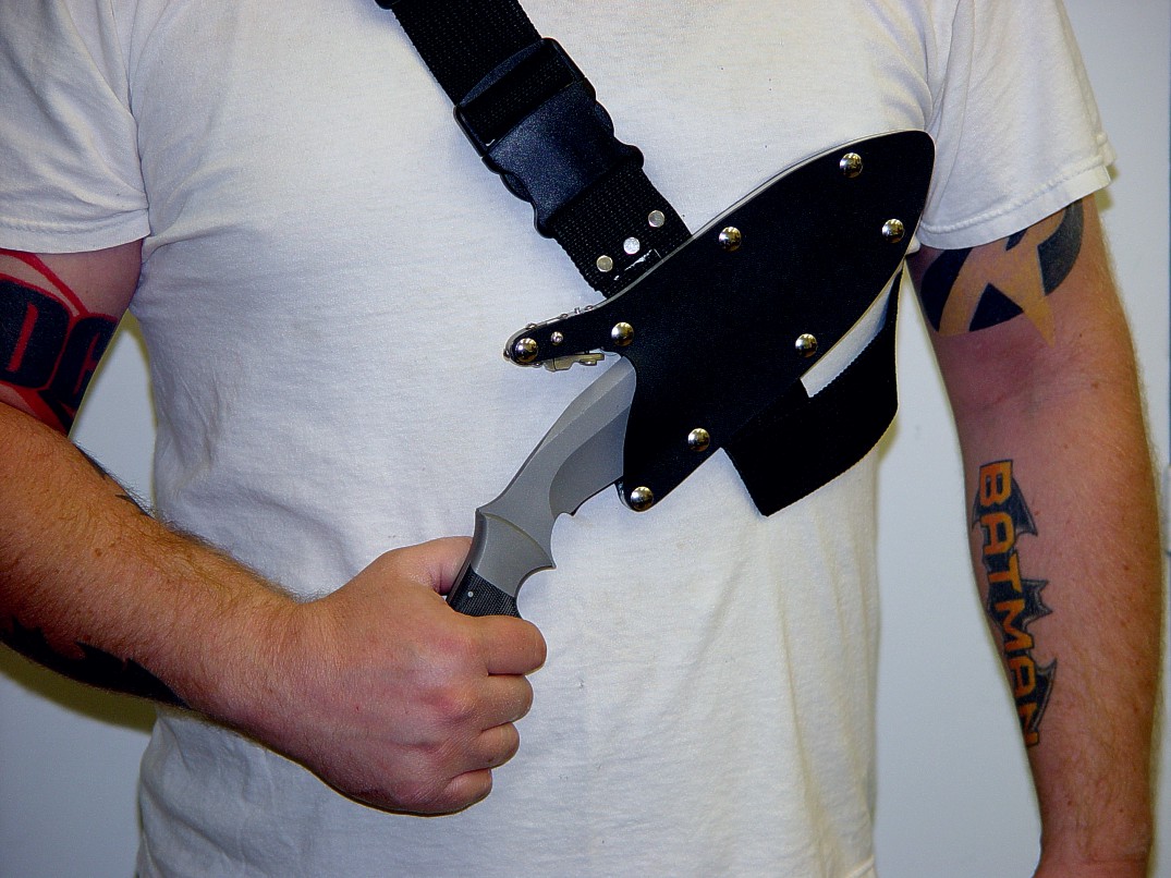 The Sternum Harness for Locking tactical combat knife sheaths, modeled by Rusty Russom