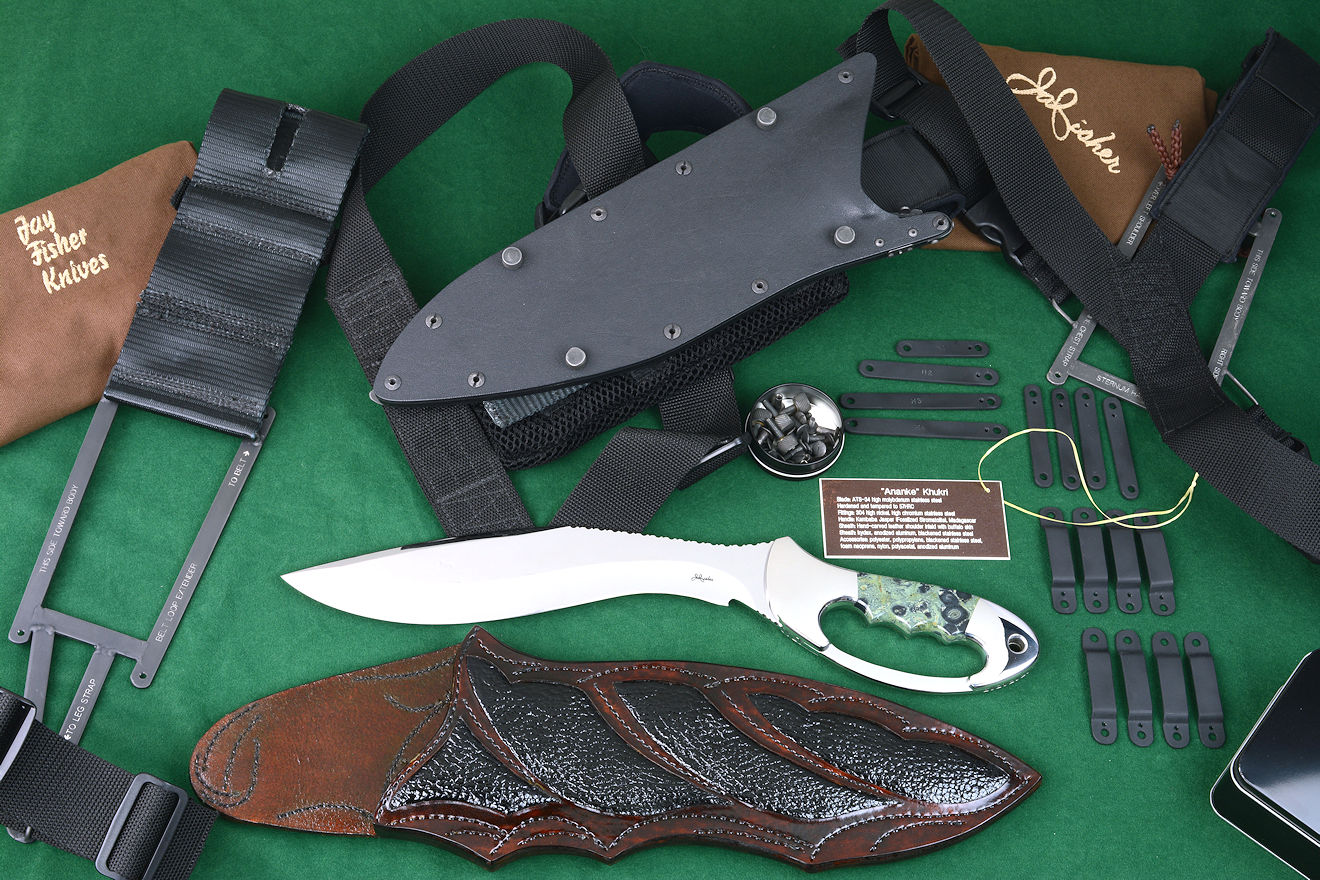 "Ananke" custom tactical knife, obverse side view in ATS-34 high molylbdenum stainless steel blade, 304 stainless steel bolsters, Kambaba Jasper gemstone  handle, locking kydex, anodized aluminum and stainless steel tactical sheath, modular sheath frame mount assemblies and hardware
