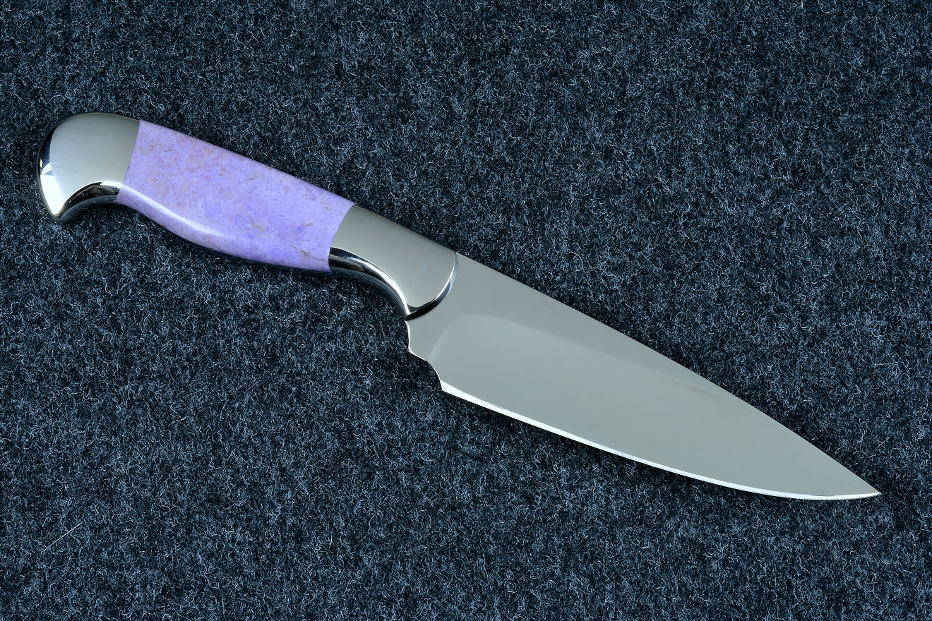"Andromeda" obverse side view in deep cryogenically treated CPM 154CM powder metal technology high molybdenum stainless steel blade, 304 stainless steel bolsters, Purple Turkish Jade gemstone handle, hand-carved, hand-dyed leather sheath