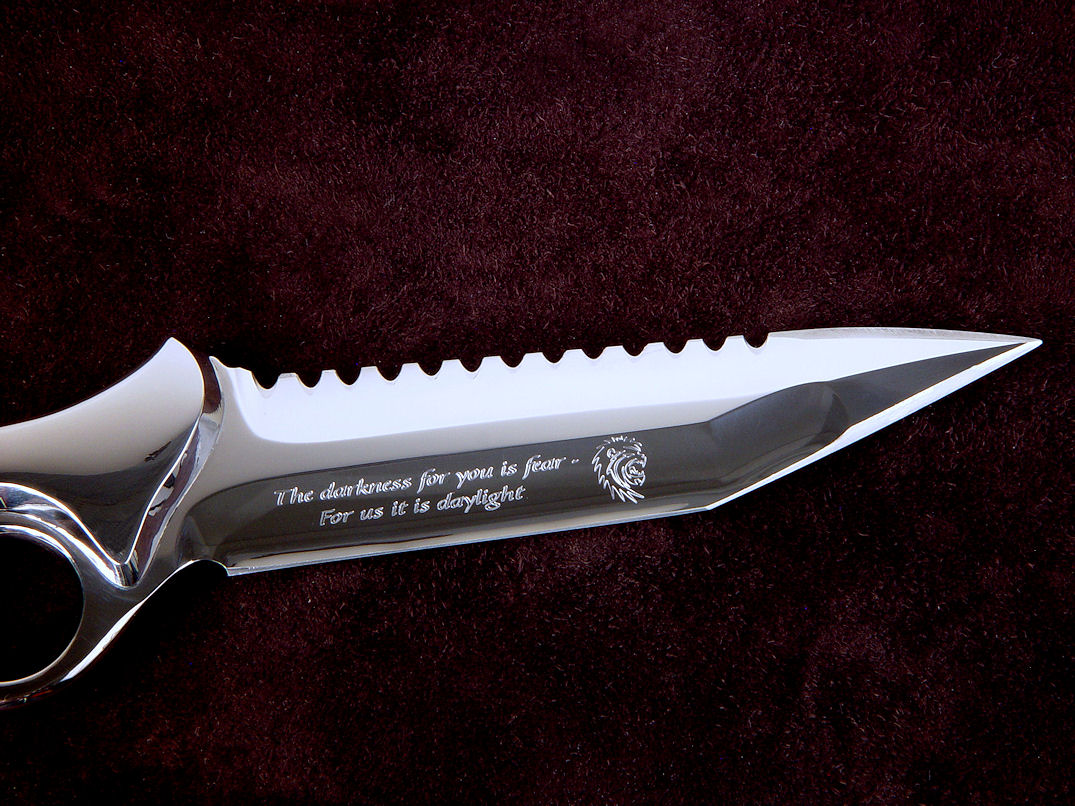 "Ari B'Lilah" reverse side blade and engraving detail. 