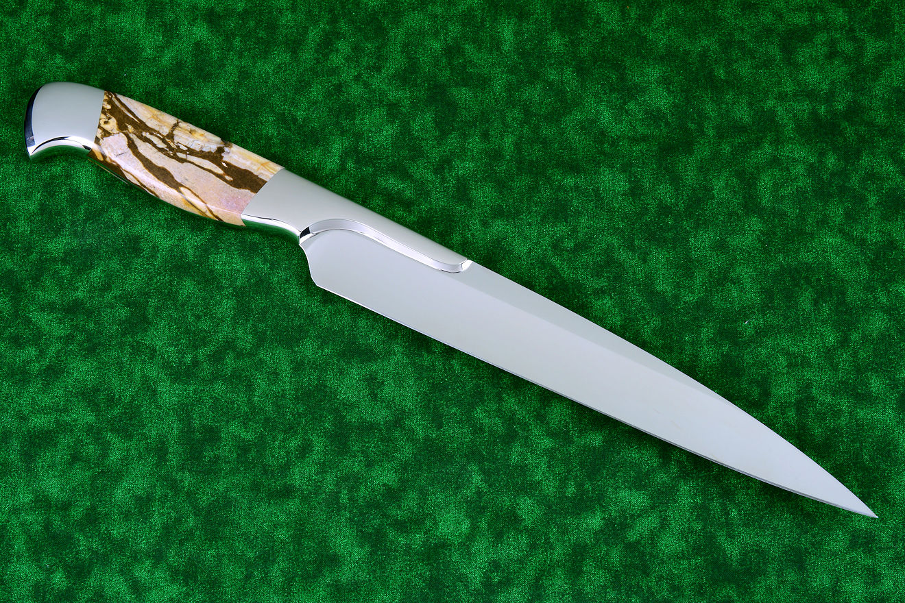 "Bordeaux" fine professional grade knife, reverse side view in 440C high chromium stainless steel blade treated with T3 cryogenic heat treatment, 304 stainless steel bolsters, Brown Zebra Jasper gemstone handle