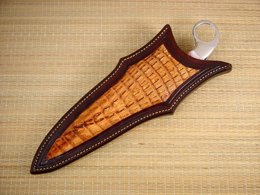 Caiman skin inlay on handmade custom knife sheath for "Bulldog" 