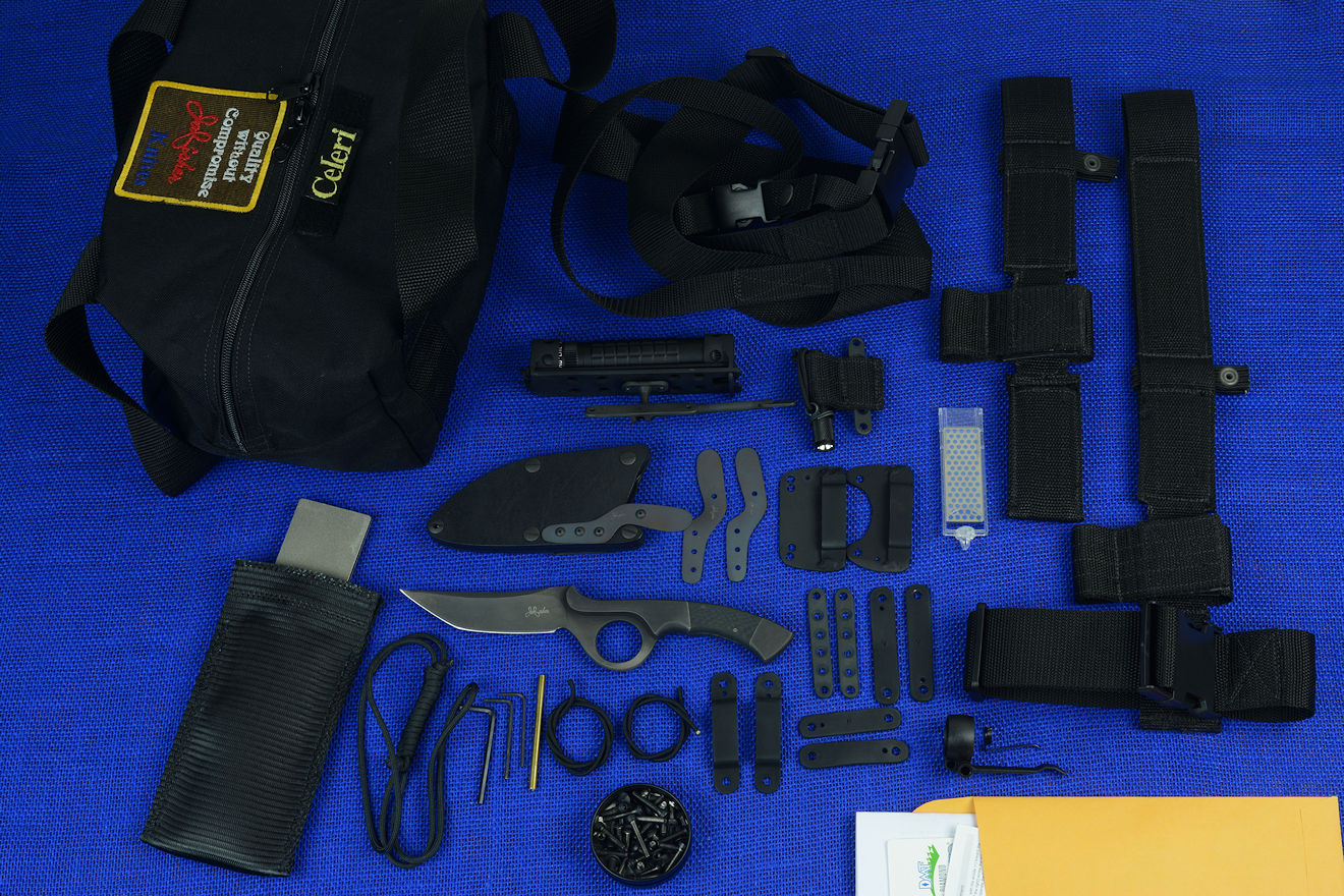 "Celeri" complete tactical knife kit with knife, sheath, hardware, fasteners, straps, loops, UBLX, EXBLX, LIMA, two sharpeners, sternum harness, HULA, two flashlights, spare parts, lanyard, and duffle