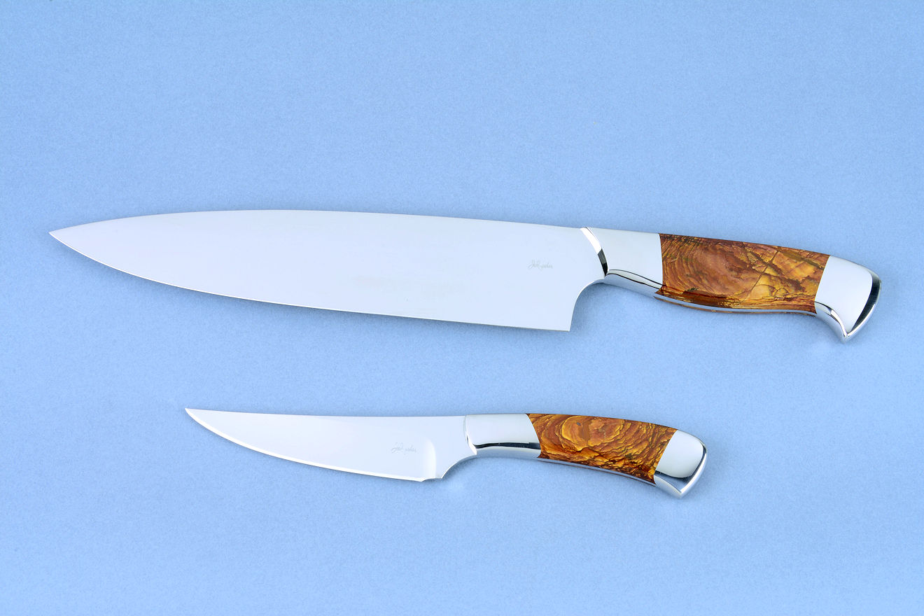 "Concordia and Talitha" professional chef's knives in T3 Cryogenically treated CPM154CM high alloy powder metal technology stainless steel blades, 304 stainless steel bolsters, Deschutes Jasper gemstone handles