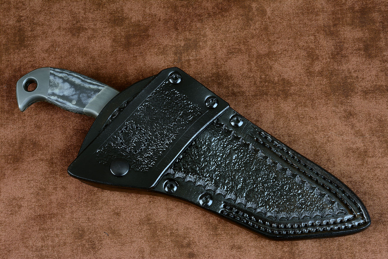 "Contego" with Post-lock leather sheath details, positively locking leather sheath for tactical and utility use, 10 oz. leather shoulder, stainless steel, nylon