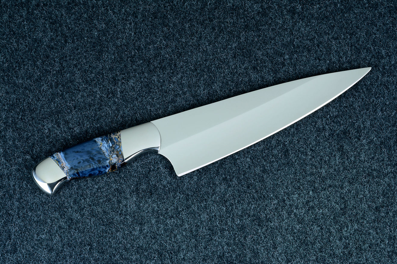 "Corvus" chef's knife, reverse side view in ATS-34 high molybdenum alloy stainless steel blade, 304 stainless steel bolsters, Pietersite gemstone handle