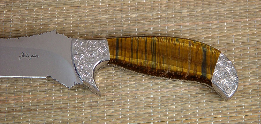 Bicolored Tiger Eye Quartz gemstone knife handle on "Deimos" by Jay Fisher