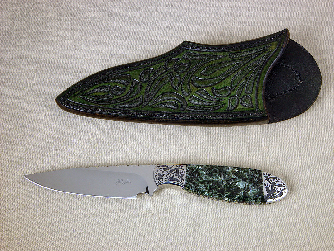 "Deneb" obverse side view in 440C high chromium stainless steel blade, hand-engraved 304 stainless steel bolsters, Seraphinite gemstone handle, hand-carved, hand-tooled leather sheath