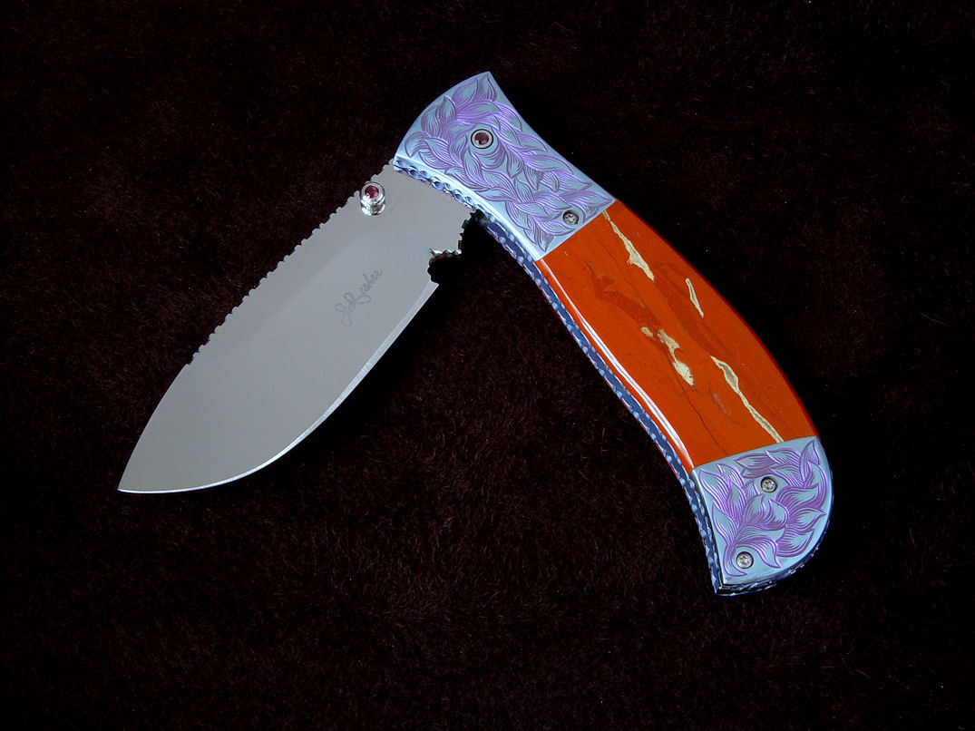 "Elysium" liner lock folding knife, obverse side view in ATS-34 high molybdenum stainless steel blade, hand-engraved titanium bolsters and liners, Red River Jasper gemstone handle, Anthorsite stone case