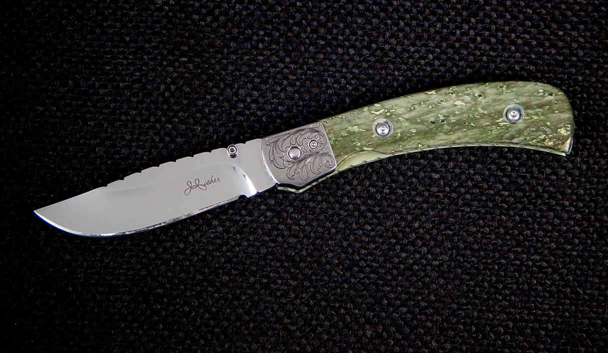 "Gemini" Liner lock folding knife: hollow ground 440C high chromium stainless steel blade, hand-engraved 304 stainless steel bolsters, nephrite jade gemstone handle, 6AL4V anodized titanium liners