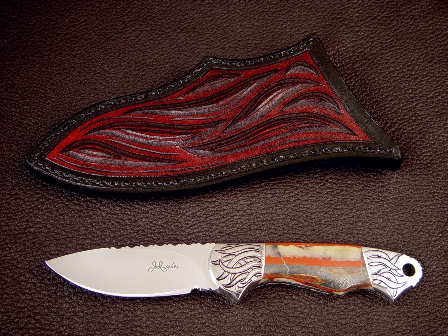 "Grus" 440C stainless steel blade, hand-engraved 304 Stainless steel bolsters, Binghamite gemstone handle, hand-carved leather sheath