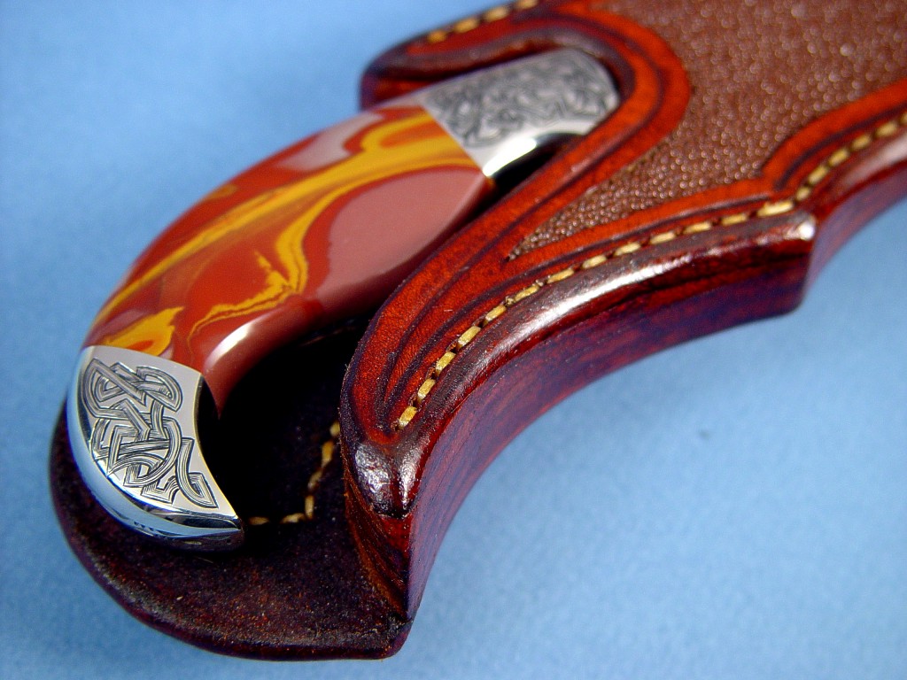 "Izanagi" fine handmade knife: 440C high chromium stainless steel blade, hand-engraved 304 stainless steel bolsters, Noreena Jasper Gemstone  handle, Rayskin inlaid in hand-carved leather sheath