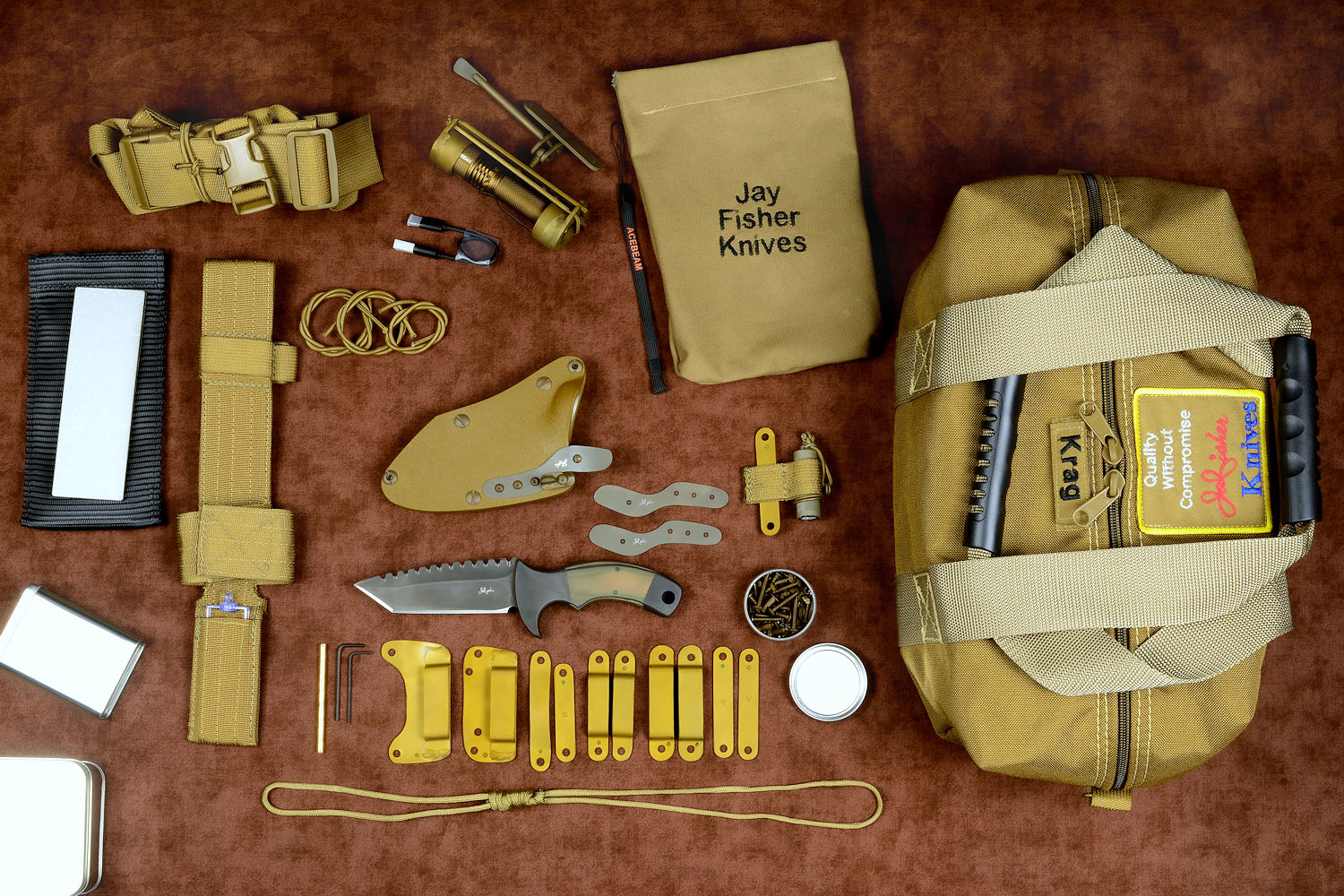 "Krag" tactical knife kit, complete, with UBLX, EXBLX, HULA, LIMA, diamond sharpener, leather sheath, sternum harness, lanyards, staps, clamps, hardware, and heavy ballistic nylon duffle