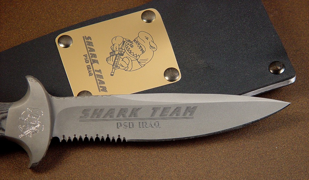 engraving on Principle Security Detail tactical defensive knife 