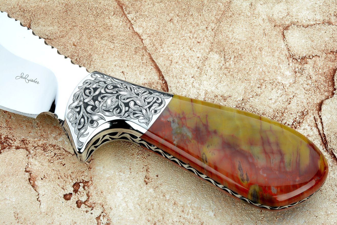 "Nunavut" obverse side view in 440C high chromium stainless steel blade, hand-engraved 304 stainless steel bolsters, agatized, jasper petrified wood gemstone handle, hand-carved, hand-dyed leather sheath
