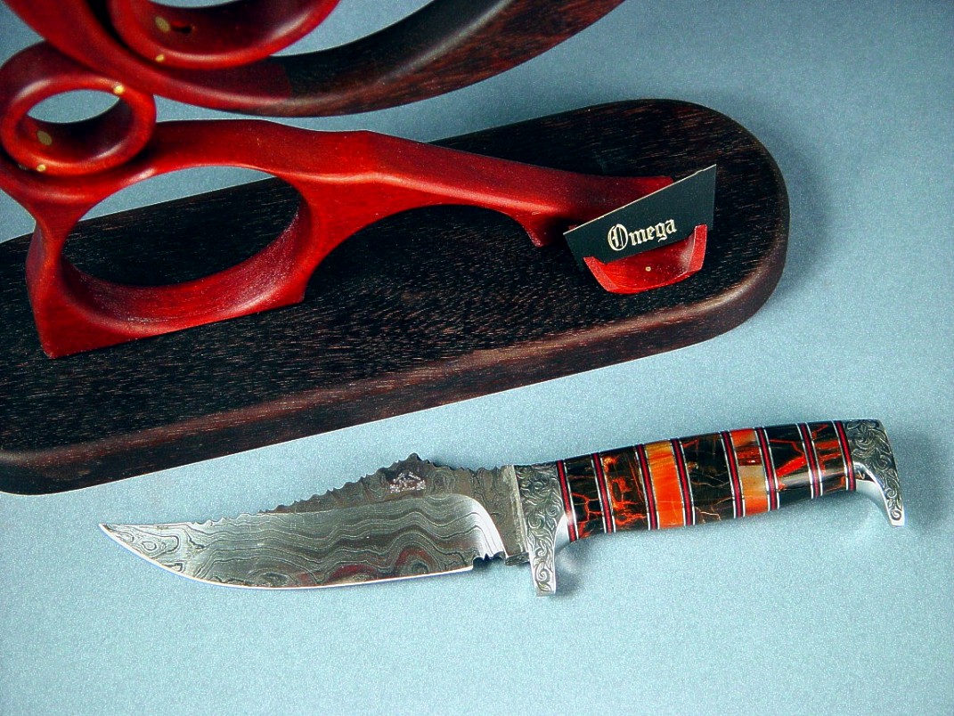 Black and Red Petrified wood knife handle, hidden tang with damascus steel blade