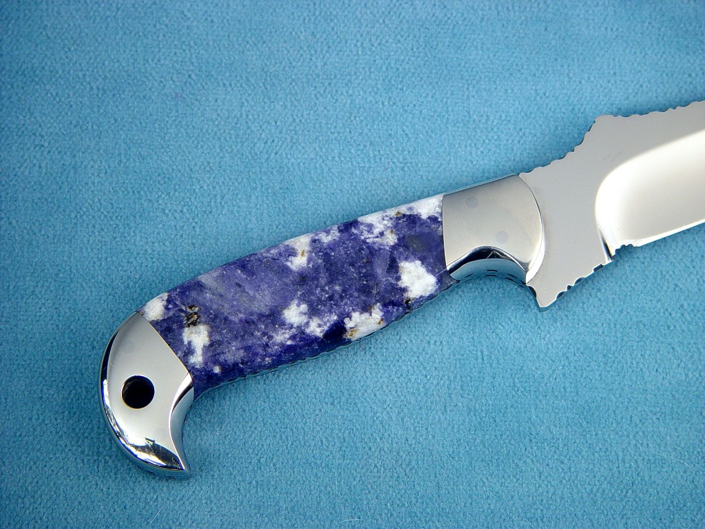 "PJ" Pararescue style knife: 440C high chromium stainess steel blade, 304 stainless steel bolsters, Scapolite gemstone hande, locking kydex, aluminum, stainless steel sheath