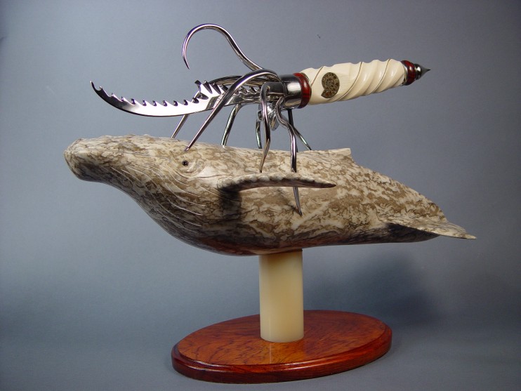 "Pacifica" Fine knife sculpture in stainless steel, ivory, 24kt gold, nickel silver, banded jasper/hematite, pyratized ammonite fossils, brown alabaster, obsidian, bubinga hardwood, nylon