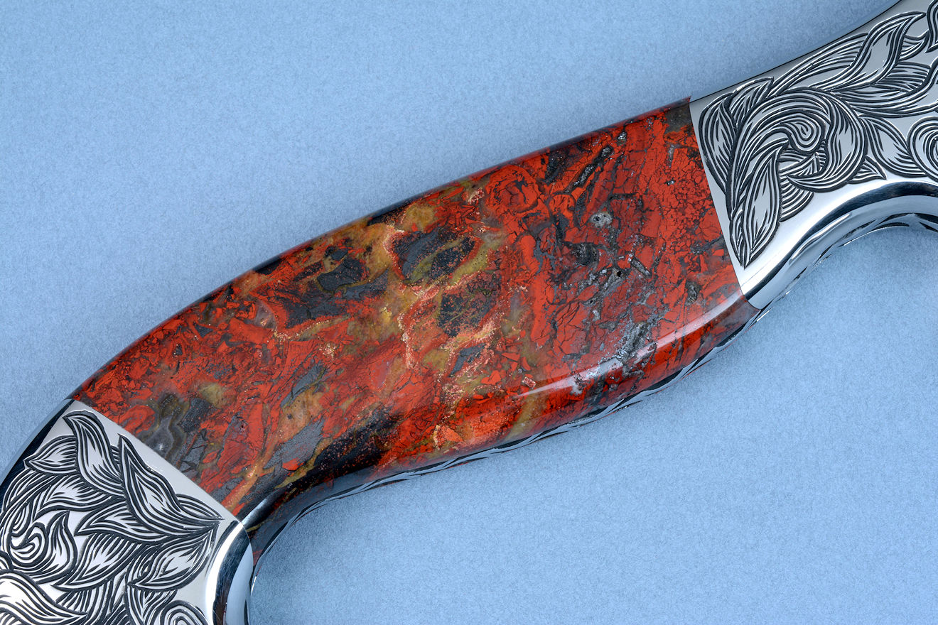 "Pallene" khukri, in CPM154CM High molybdenum powder metal technology stainless tool steel blade, hand engraved, with hand-engraved 304 stainless steel bolsters, Brecciated Jasper gemstone  handle, hand-carved leather sheath inlaid with rayskin, hand-cast silicon bronze and Imbuya hardwood stand and Paradiso Classico Granite base