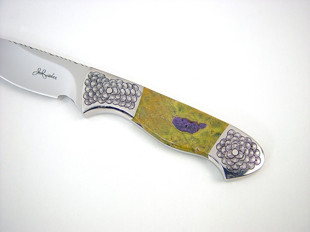 "Pyxis" obverse side view in 440c high chromium stainless steel blade, hand-engraved 304 stainless steel bolsters, Atlantisite gemstone handle, frog skin inlaid in hand-carved leather sheath