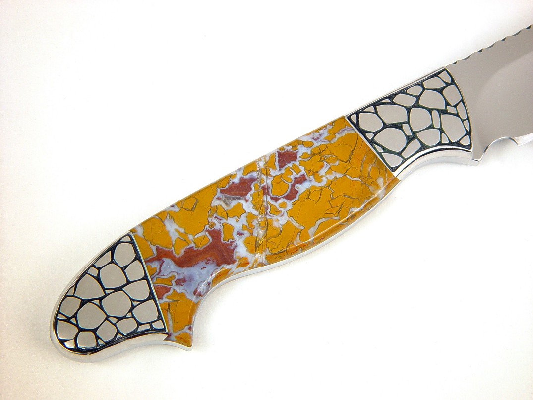"Regulus" drop point knife with hand-engraved 304 stainless steel bolsters and Sampson Peak Jasper gemstone handle