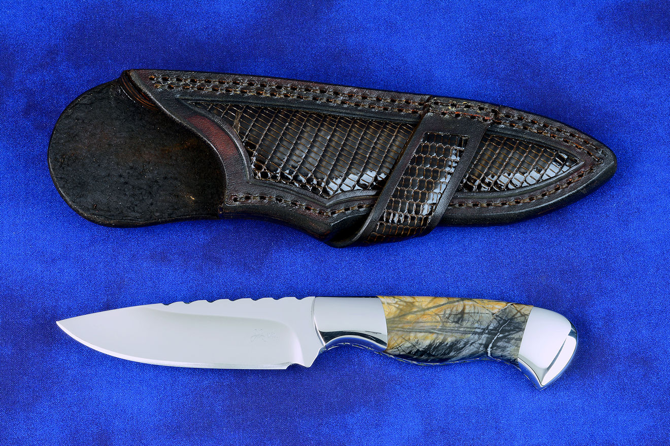 "Secora" fine handmade custom knife in T3 cryogenically treated 440C high chromium stainless steel blade, 304 stainless steel bolsters, Picasso Marble gemstone handle, hand-carved crossdraw leather sheath inlaid with Teju lizard skin