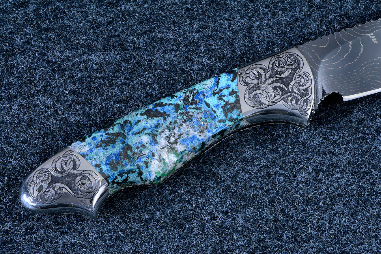 "Thuban" in hot-blued 1095/nickel damascus blade, hand-engraved 304 stainless steel bolsters, Shattuckite gemstone handle, hand-carved, hand-dyed leather sheath