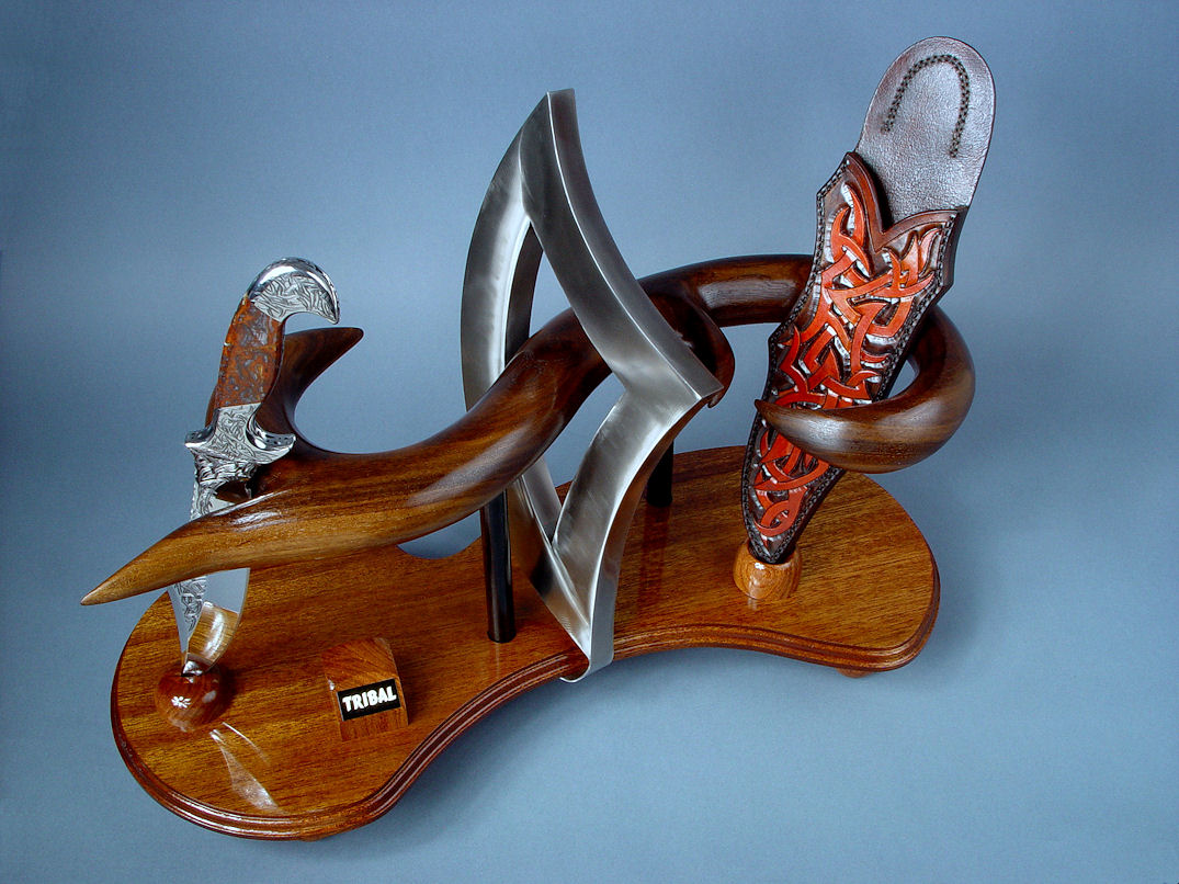"Tribal" knife art, sculptural form. Knife, sheath, and stand patterns and lines echo Tribal contemporary design.