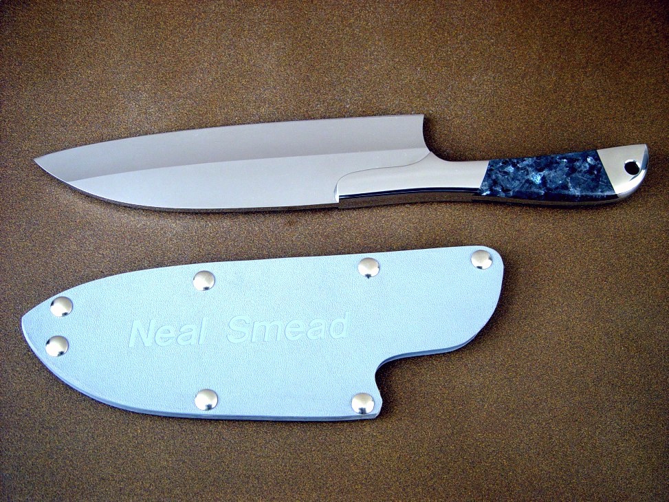 "Vega" chef's knife, blue pearl granite gemstone handle with engraved kydex, nickel plated steel slip sheath