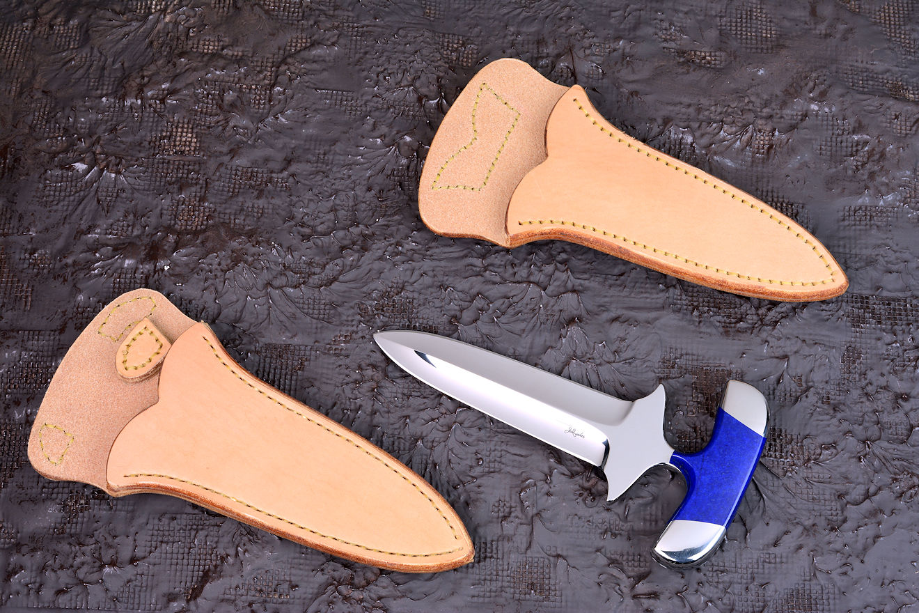 "Vindicator" push dagger, obverse side view in CPM154CM powder metal technology tool steel blade, 304 stainless steel bolsters, Afghanistan Lapis Lazuli gemstone handle, undyed, untreated horizontal and vertical  leather sheaths