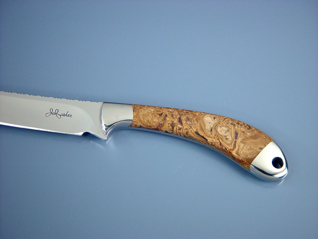 "Volans" fillet, boning, carving knife: 440C high chromium stainless steel blade, hollow ground and mirror finished, 304 stainless steel bolsters, Fossilized Cretaceous Algae gemstone handle, hand-carved leather sheath