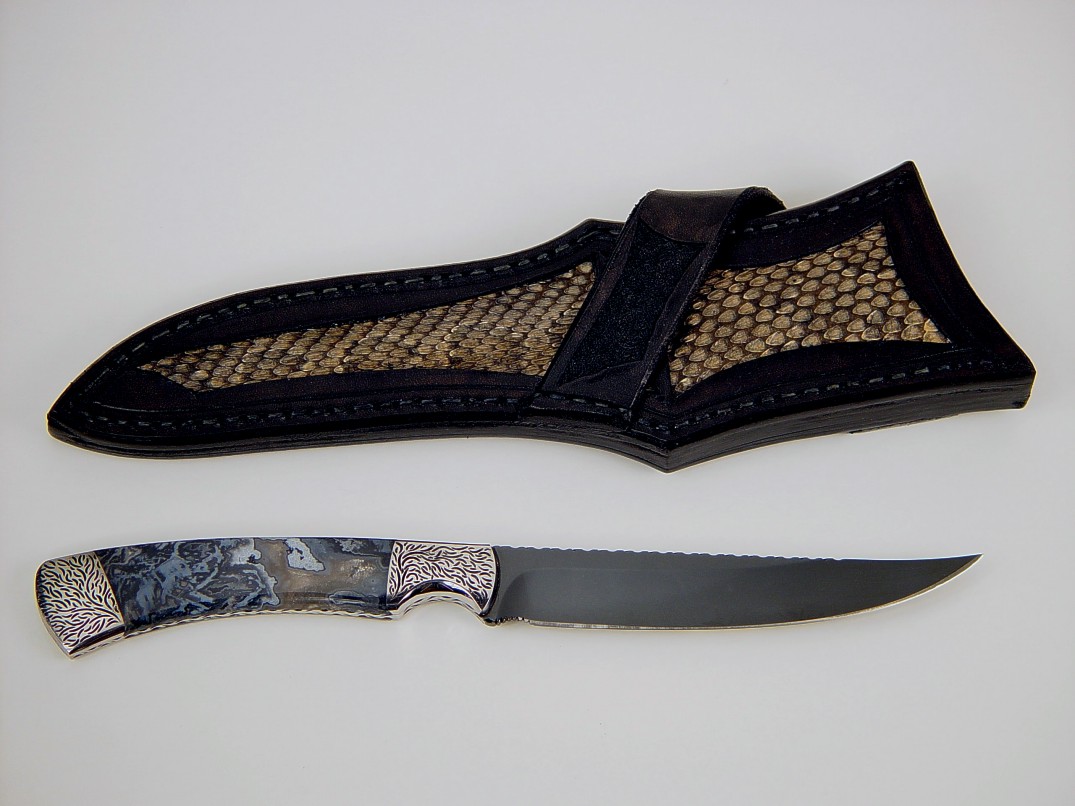 "Wasat" in mirror polished O1 high carbon tungsten-vanadium tool steel blade, hand-engraved O-1 steel bolsters, Moss Agate gemstone handle, Prairie Rattlesnake skin inlaid in hand-carved leather sheath 