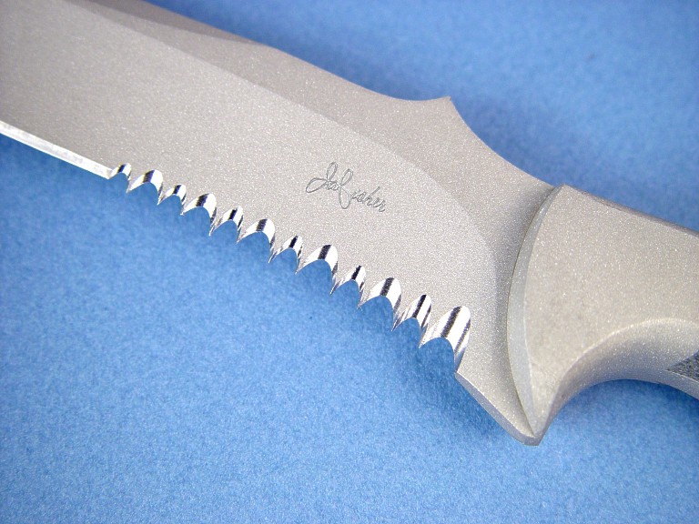Machine Engraved makers mark on bead blasted stainless steel combat search and rescue knife by Jay Fisher